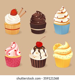 Set of cupcakes with different toppings. Vector illustration.