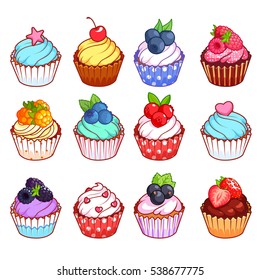 Set of cupcakes with different toppings. Vector illustration isolated on a white background.