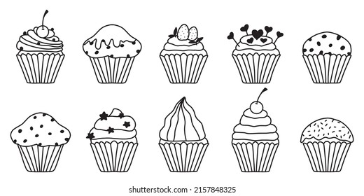 Set of cupcakes in doodle style. A beautiful collection of muffins with cherry, strawberries, cream. chocolate. Vector illustration.