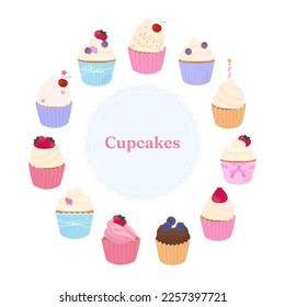 Set of cupcakes element collection with pastel color on white background.