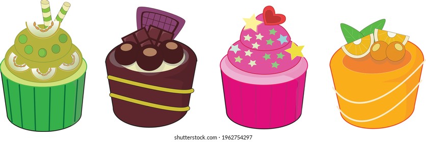 Set of cupcakes flavor-Kiwi,Chocolate,strawberry and orange