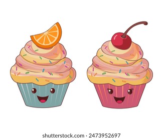 Set of cupcakes with fruit cream and berries.  Collection of delicious cupcakes. Cherry and orange cupcake with colored sprinkles. Isolated on white background. Vector