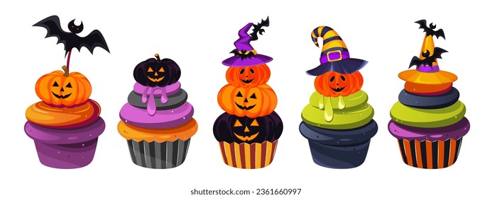 Eine Reihe von Cupcakes zu Halloween mit Kürbissen, Fledermäusen, Hüten.Halloween Süßigkeiten.Ein Design-Element zu Halloween. Vektorgrafik