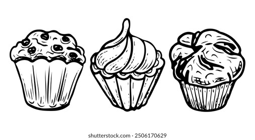 Set of cupcakes hand drawn doodle. Biscuit, muffin. Dessert food. Confectionery products. Sugar pastry. Bakery products. Vector outline line art illustration.