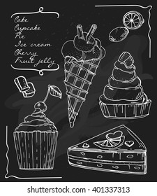Set of cupcakes hand drawn on the chalk board. Can be used as menu, post or greeting card, invitation, texture, background or to make notes.