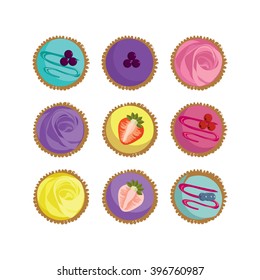 set cupcakes icons. Cupcake vector illustration. Cake vector illustration. Cupcake icon. Cupcake isolated background. Cake isolated background. Set delicacy.