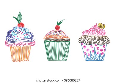 Set, cupcakes icons in doodle style, sketch, vector