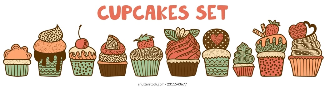 Set of cupcakes illustrations. Pack of Icon logo for bakery or patisseire. Muffins with biscuit cream fruits berries and chocolate. Sweet food desserts. Doodle vector elements.
