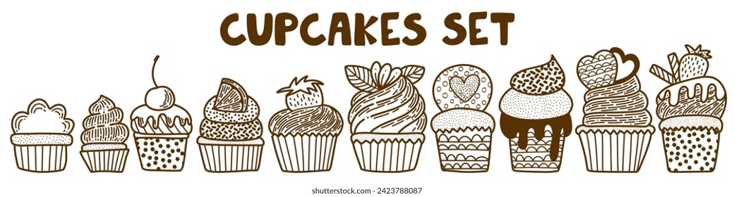 Set of cupcakes illustrations. Pack of Icon logo for bakery or patisseire. Muffins with biscuit cream fruits berries and chocolate. Sweet food desserts. Doodle vector elements.
