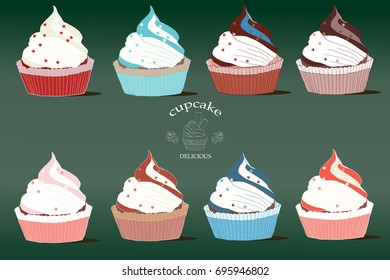 Set of cupcakes isolated on green. Delicious Bakery products.