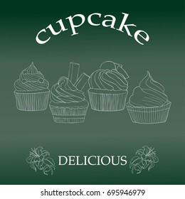 Set of cupcakes isolated on green. Delicious Bakery products.
