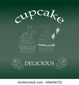 Set of cupcakes isolated on green. Cartoon tasty cupcakes vector illustration for bakery products.