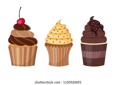 Set of cupcakes isolated on white background. Vector illustration.