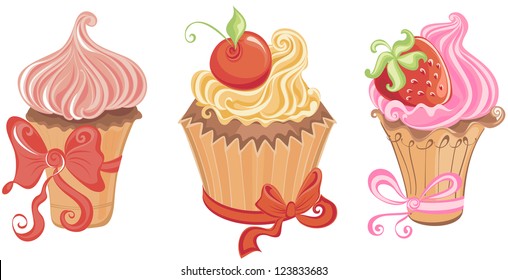 Set cupcakes isolated on white.