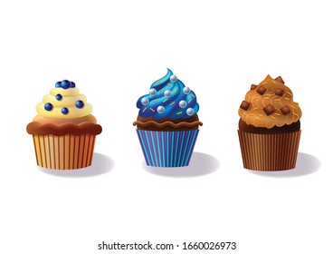 Set of cupcakes isolated on white background, decorative cakes, decorated cupcakes illustration, chocolate cupcakes, blueberry,cream