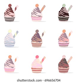 Set of cupcakes isolated on white. Cartoon tasty cupcakes vector illustration for bakery products.