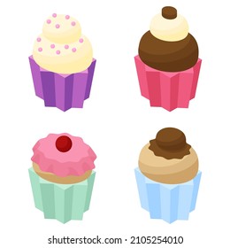 Set of cupcakes, isometric icons isolated on white. Hand drawn vector illustration. Flat color design.