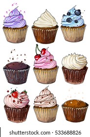 Set of cupcakes line drawn on a white background. Colorful pastries with cream. Vector sketch