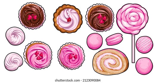 Set of cupcakes, macaroons and lollipop