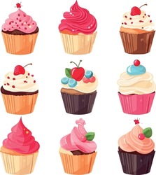 Set Of Cupcakes In A Minimalistic Composition, Delightful Colors And Intricate Designs