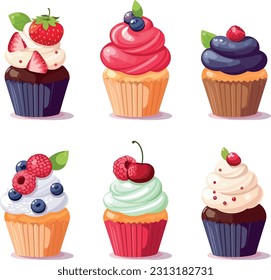 Set of cupcakes in a minimalistic composition, delightful colors and intricate designs