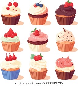 Set of cupcakes in a minimalistic composition, delightful colors and intricate designs