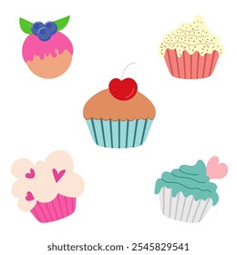 Set of cupcakes in a minimalistic composition, delightful colors and intricate designs