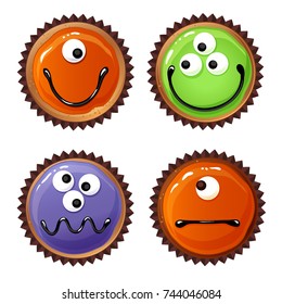 Set of cupcakes  monsters. Sweet for the decoration halloween.  Purple, orange and green monsters. Top view flat icon.