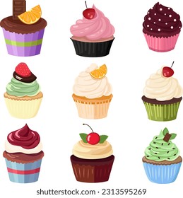 a set of cupcakes, muffins, cakes, multi-colored, fruit, cream, chocolate, mint, orange, with jam