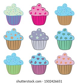 Set of cupcakes and muffins collection, illustration ghrapics vector.