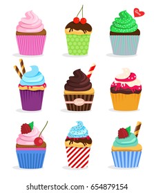 Set cupcakes and muffins on a white background for bakery menu. 