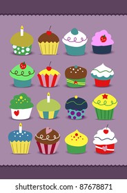 Set of cupcakes in nice soft coloring with many kind of toppings
