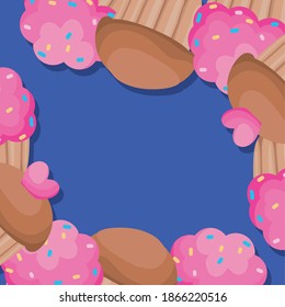 conjunto de cupcakes en un diseño de ilustración vectorial de fondo azul