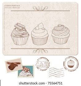 Set of cupcakes on old postcard, with stamps - for design and scrapbook