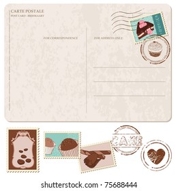 Juego de quequitos en la antigua postal, con estampillas - para diseño y libro de recortes