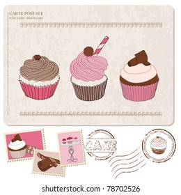 Set of cupcakes on old postcard, with stamps - for design and scrapbook