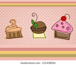set of cupcakes on pink background vector illustration