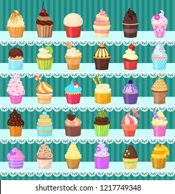 Set of cupcakes on the shelves. Sweet pastries decorated with fruit, chocolate, sprinkles. Vector illustration.