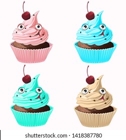 Set cupcakes on a white background. Icons. Isolated. Sweet pastries decorated with cherry
