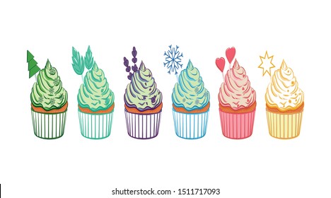 
Set of cupcakes. On a white background a set of multi-colored cupcakes. Vector illustration.
