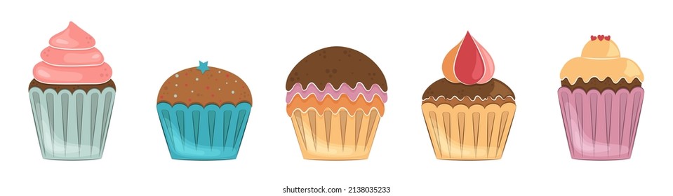 A set of cupcakes on a white background. Hand drawn isolated elements, holiday stickers. Vector illustration.