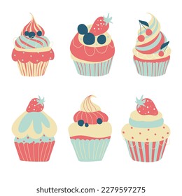 A set of cupcakes on a white background. A set of tasty desserts. Baked goods, desserts, muffins. An illustration of delicate slices of cakes. Vector illustration.