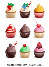 Set cupcakes on a white background. Icons. Isolated. Sweet pastries decorated with cherry,  bilberry, raspberries, candy, mint, chocolate and cowberry. Vector illustration. 3D.