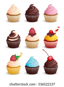 Set cupcakes on a white background. Icons. Isolated. Sweet pastries decorated with cherry, cowberry, raspberries, mint, candy, chocolate and star. Vector illustration. 3D.