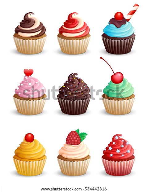 Set Cupcakes On White Background Icons Stock Vector Royalty Free