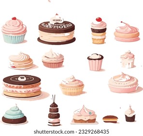 set of cupcakes pastel watercolor vector