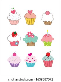 Set of cupcakes Pattern, seamless Cupcake, Colorful cupcakes Background, Cupcakes Love Cards Vector Stock Vector Illustration, Heart, Strawberry, Cherry.