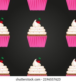 A Set Of Cupcakes In A Pink Wrapper With Whipped Cream And A Beautiful Cherry With A Leaf. Seamless Vector Illustration With Cupcake Pattern. Stylish Wallpaper For A Pastry Shop. 