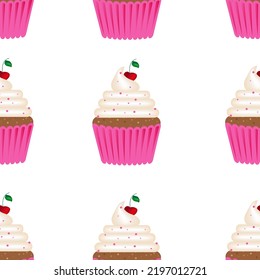 A Set Of Cupcakes In A Pink Wrapper With Whipped Cream And A Beautiful Cherry With A Leaf. Seamless Vector Illustration With Cupcake Pattern. Stylish Wallpaper For A Pastry Shop. 