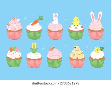 Eine Reihe von Cupcakes im Frühlings- und Osterdesign. Vektorgrafiken.